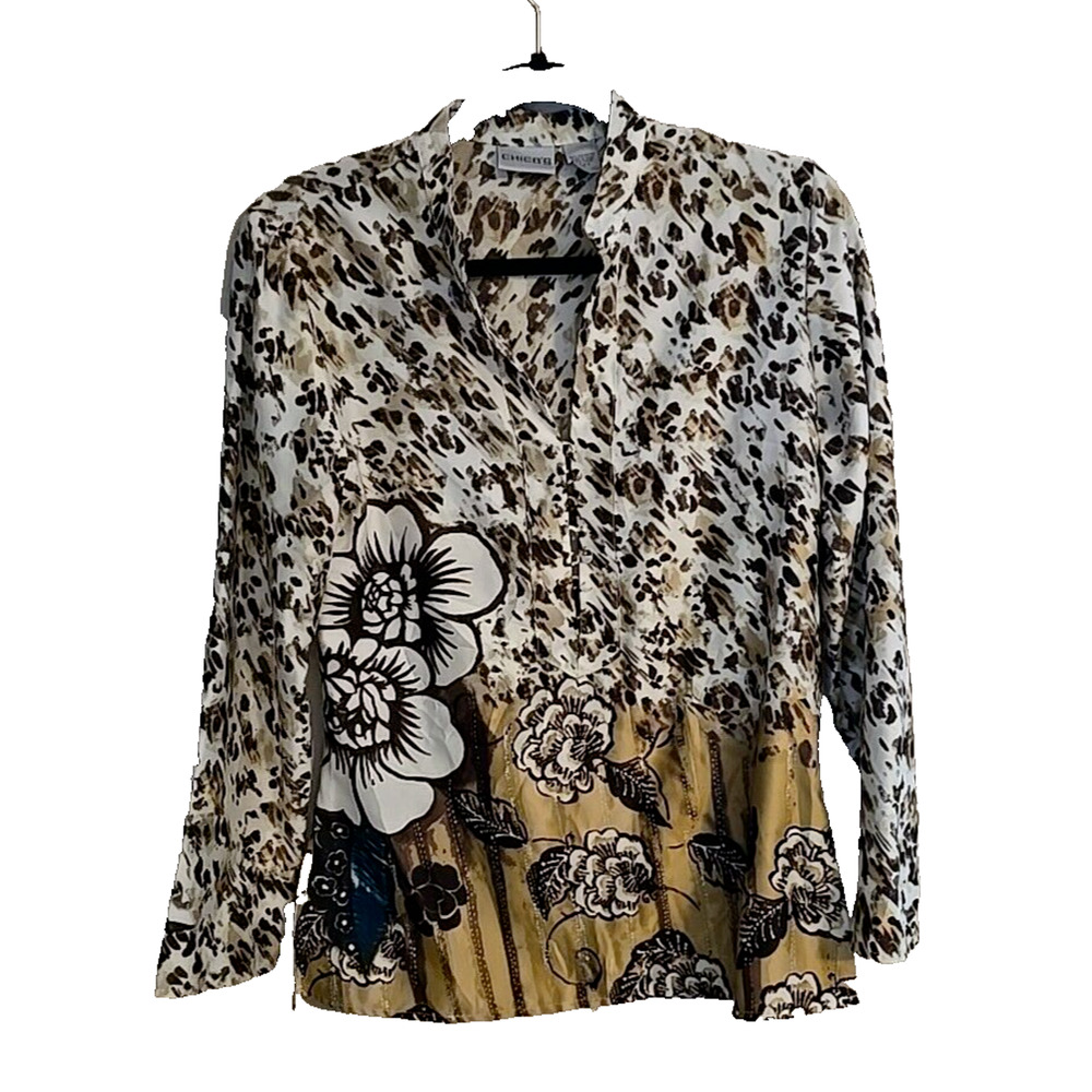 Chico's White Tan Floral V-Neck Popover Long Sleeve Casual Top Womans Sz 0 SM